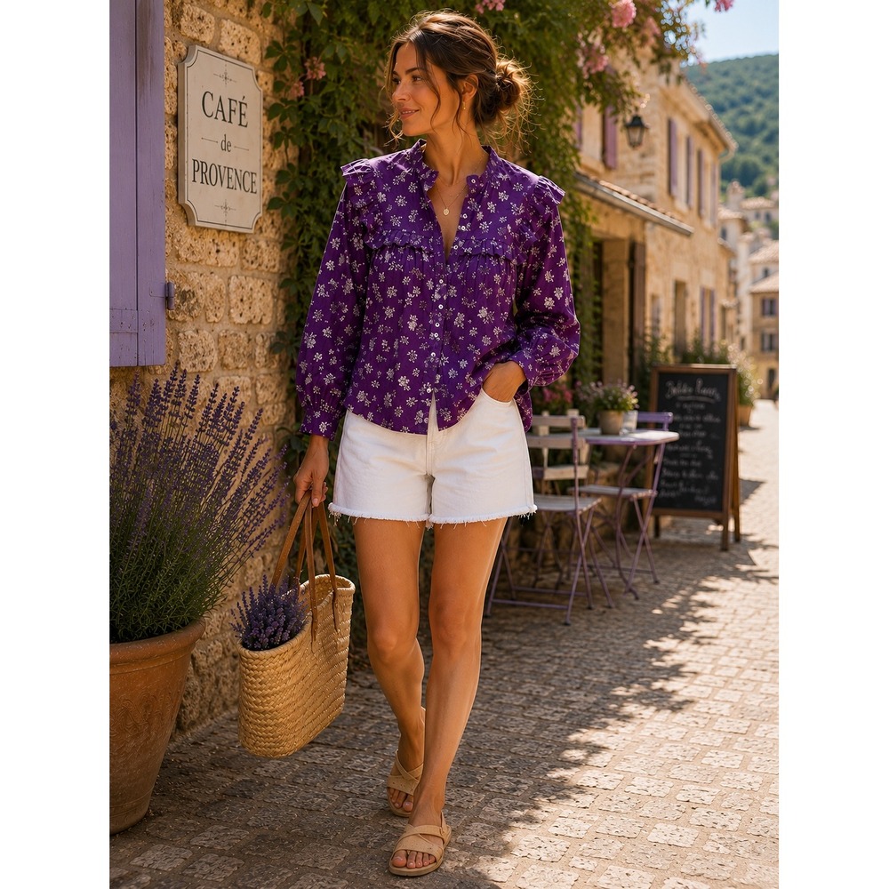Pinch Purple Floral Ruffle Blouse 100% Cotton Cottagecore Prairie Top Large